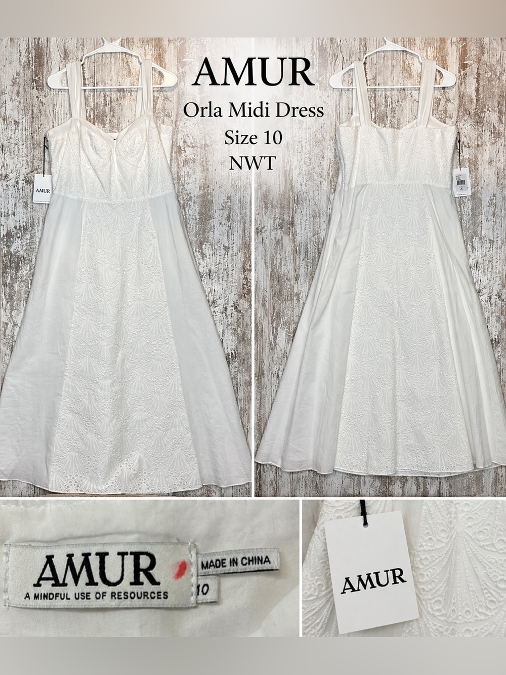 AMUR Orla Midi Dress Women’s Size 10 White Embroidered A-Line NWT